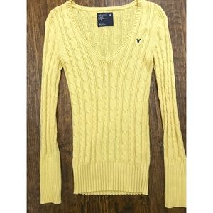 Yellow Cable Knit V Neck Sweater
